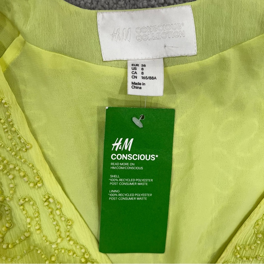 H&M Conscious Collection Beaded Yellow-Green Chiffon Maxi Dress Women’s Sz 8 NWT - Picture 9 of 13